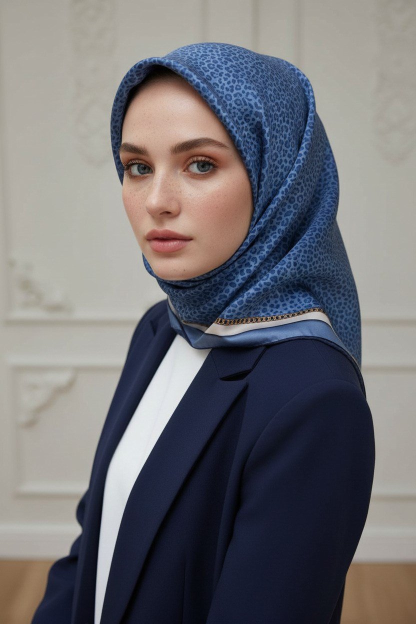 % 57 İPEK % 43 VİSKON Twill İpek Leopar Desenli İndigo - Krem Renkli 90x90 Eşarp Dikim Şekli : El Dikişi