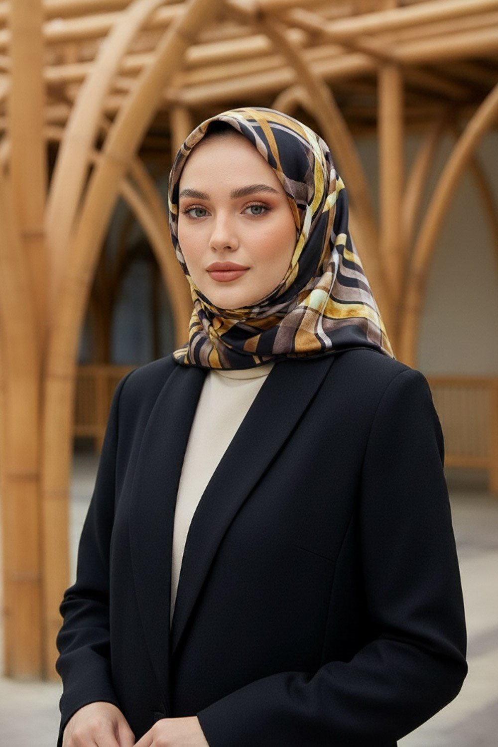 %100 Twill İpek Ekose Desenli Siyah - Gold  Renkli 90x90 Eşarp Kenar Dikiş Şekli El Dikişli