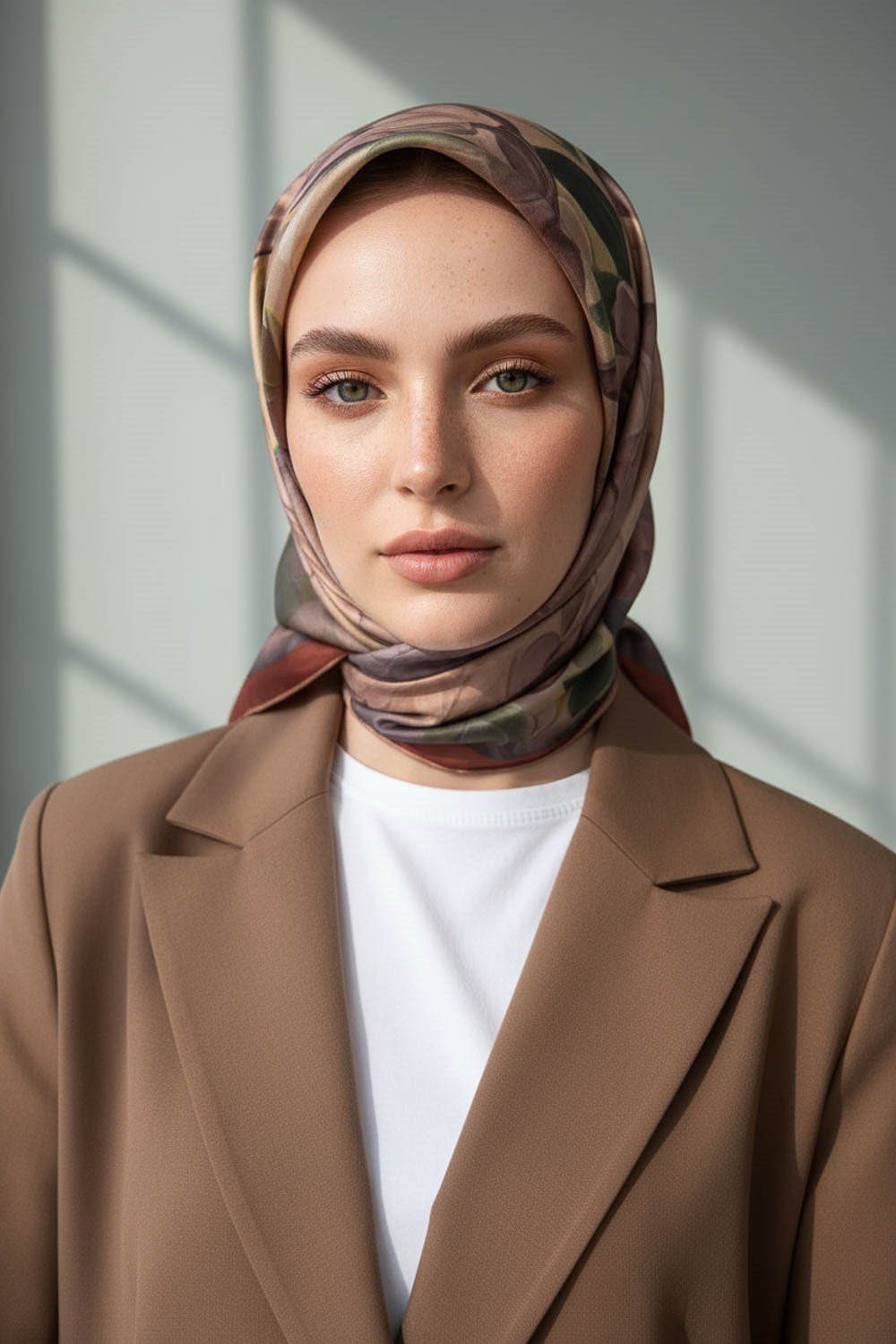 %100 Twill İpek Dumanlı Çiçek Desenli Taba Renkli 90x90 Eşarp Kenar Dikiş Şekli El Dikişli