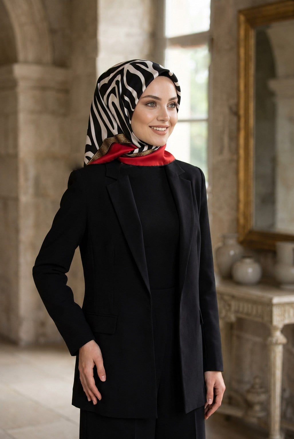% 57 İPEK % 43 VİSKON Twill İpek Zebra Desenli Kırmızı - Siyah Renkli 90x90 Eşarp Dikim Şekli : El Dikişi