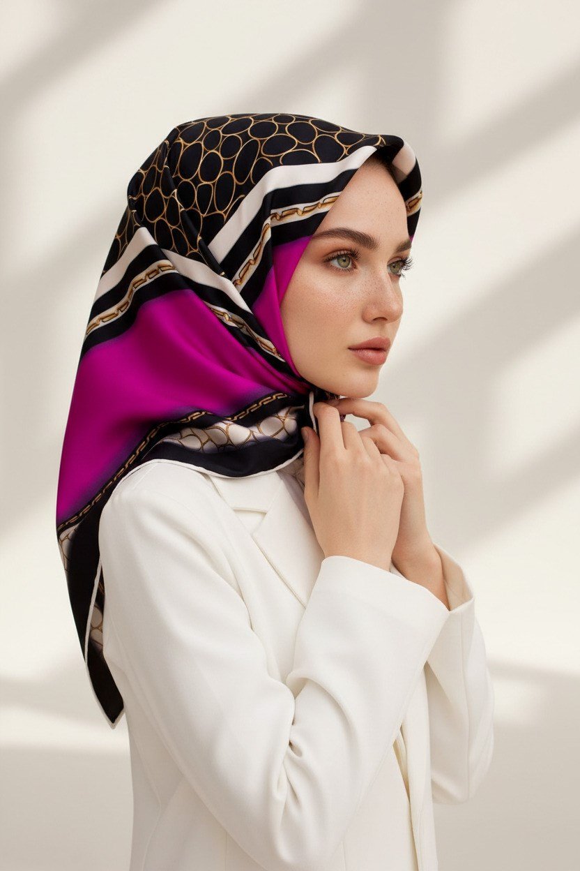 %100 Twill İpek Gold Halka Desenli Fuşya - Siyah Renkli 90x90 Eşarp Dikim Şekli : El Dikişi