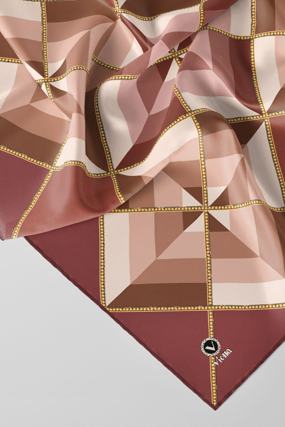 Twill Geometrik Desenli Gül Kurusu Renkli 90x90 Eşarp (İpek İçermez) Kenar Dikiş Şekli El Dikişli