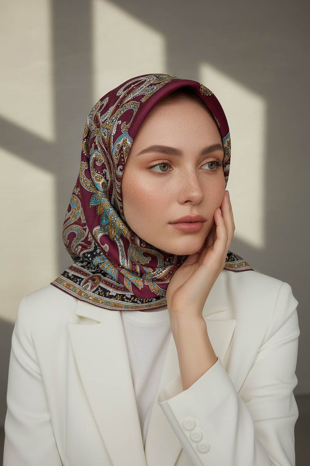 %100 Twill İpek Şal Desenli Bordo Renkli 90x90 Eşarp Dikim Şekli : El Dikişi