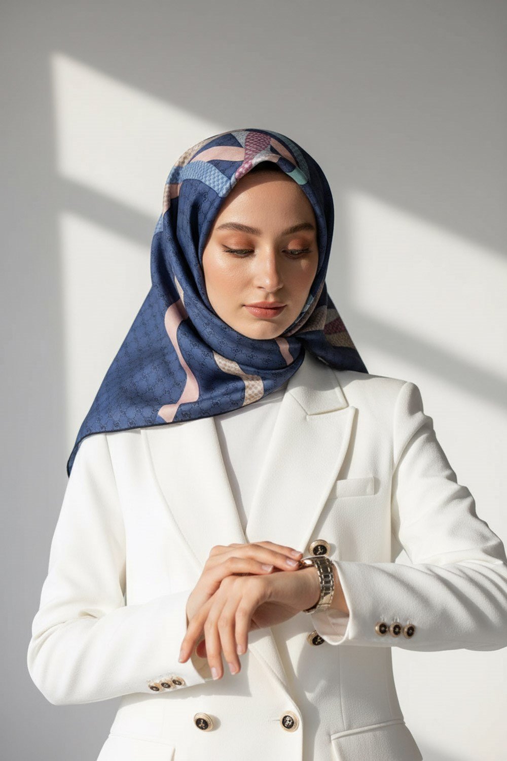 %100 Twill İpek Monogram Ve Şerit Desenli İndigo - Pudra Renkli 90x90 Eşarp Dikim Şekli : El Dikişi