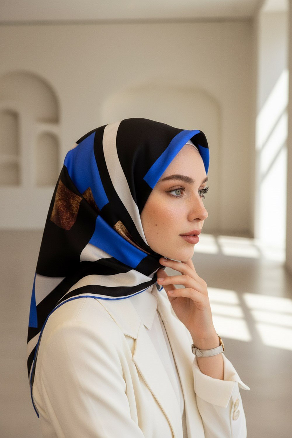 %100 Twill İpek Karo Desenli İndigo - Siyah Renkli 90x90 Eşarp Dikim Şekli : El Dikişi