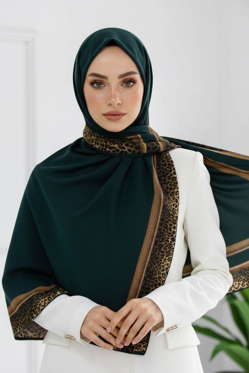 KREP LEOPAR BORDÜR DESENLİ PETROL YEŞİLİ RENKLİ 75X195 KIRIŞMAZ ŞAL