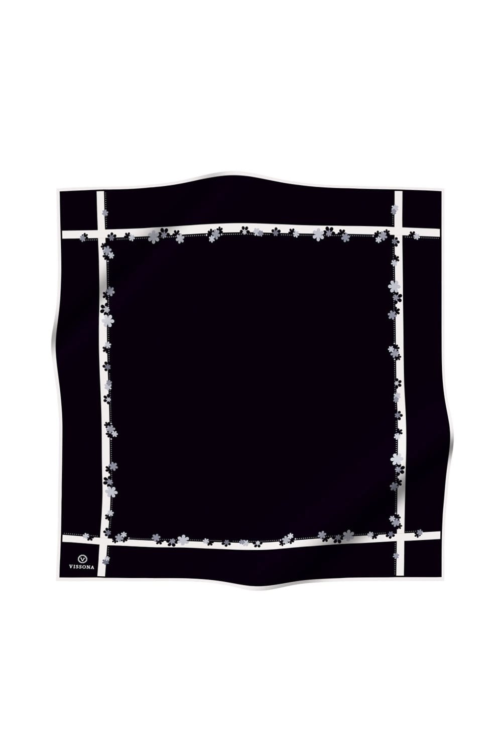 %100 Twill İpek Kenar Motifi Çiçek Desenli Siyah - Krem Renkli 90x90 Eşarp Dikim Şekli : El Dikişi