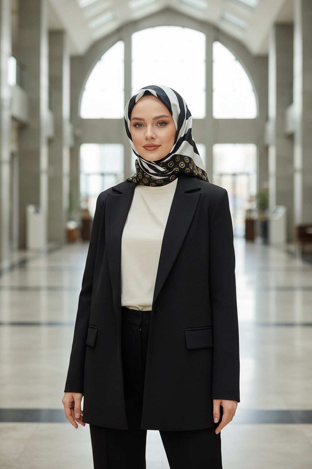 %100 Twill İpek Monogram Şerit Desenli Siyah - Krem Renkli 90x90 Eşarp Dikim Şekli : El Dikişi