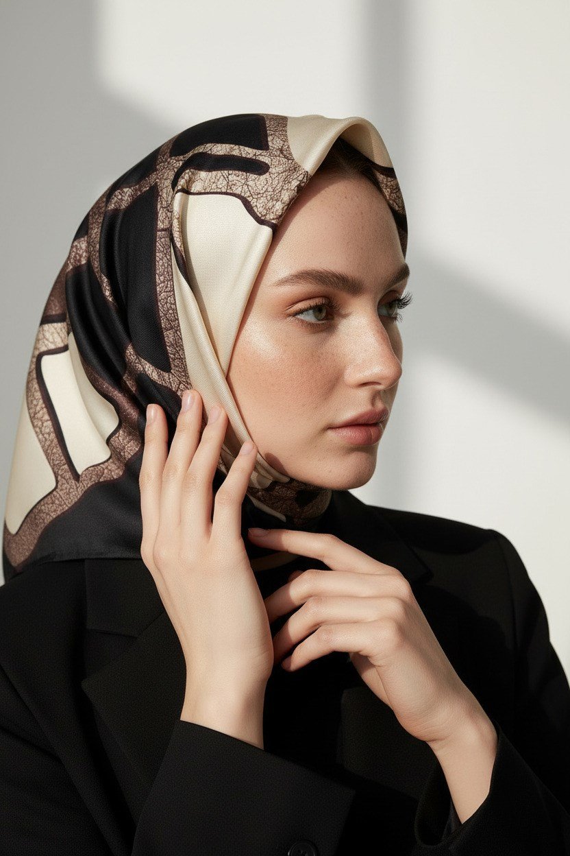% 57 İPEK % 43 VİSKON Twill İpek Gold Efektli Geometrik Desenli Siyah - Krem Renkli 90x90 Eşarp Dikim Şekli : El Dikişi