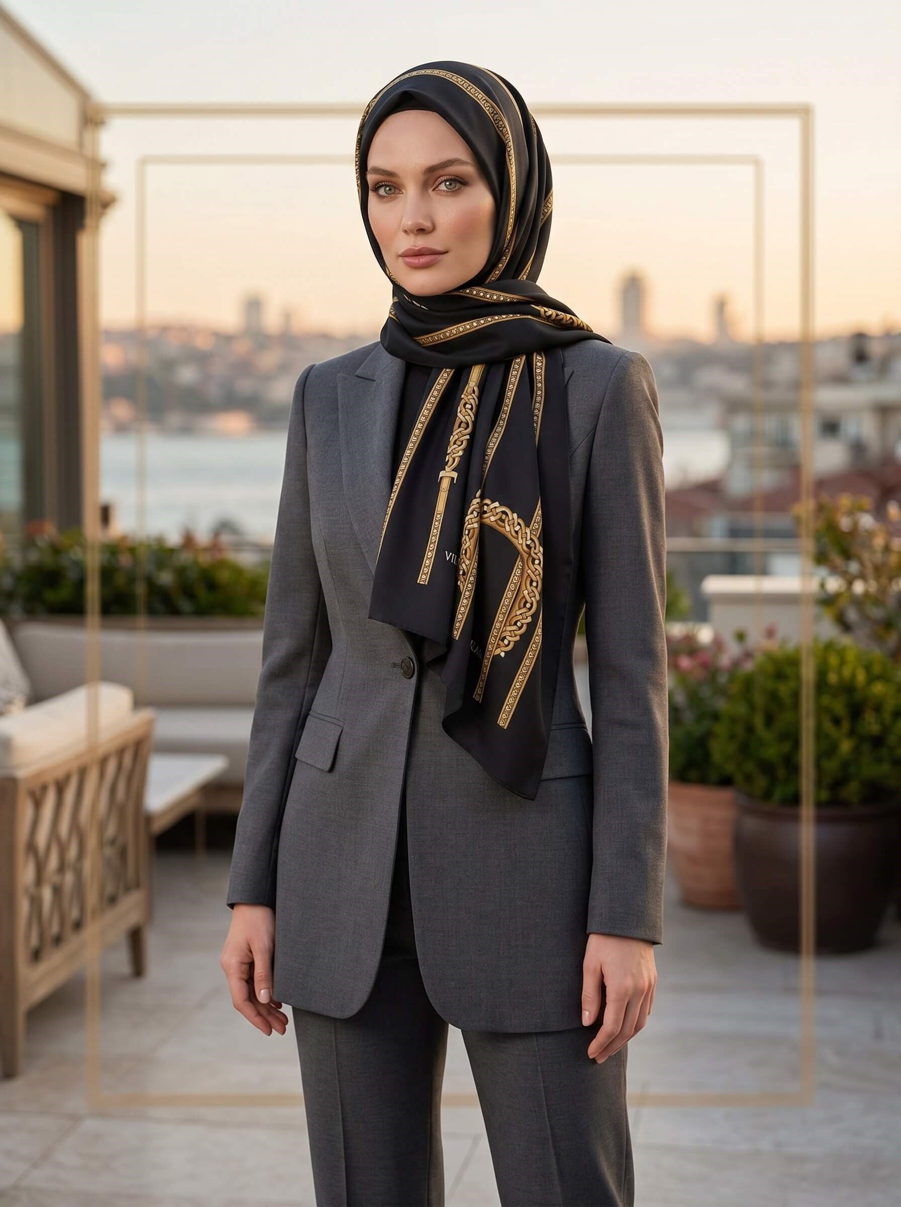 KREP ZİNCİR DESENLİ SİYAH RENKLİ 75X195 KIRIŞMAZ ŞAL