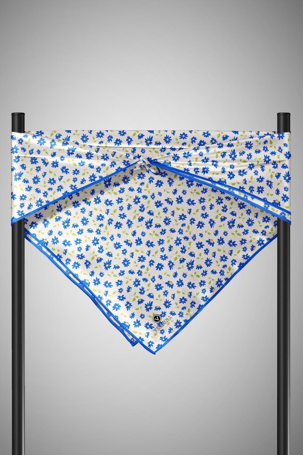 %100 Twill İpek Papatya Desenli Krem - Saks Renkli 90x90 Eşarp Dikim Şekli : El Dikişi