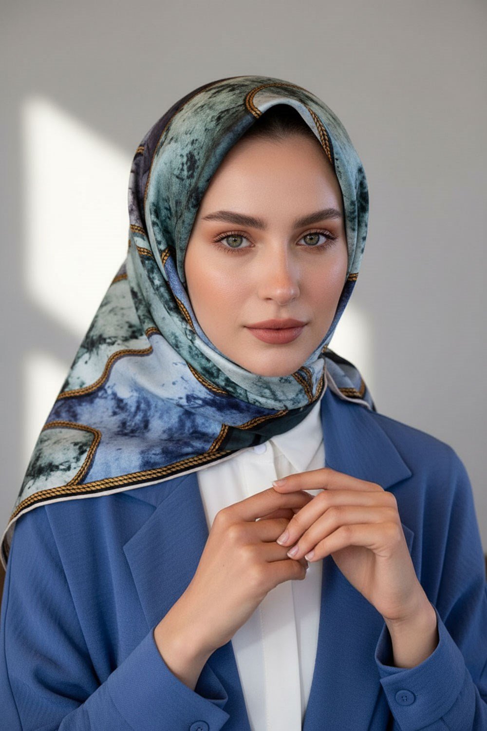 %100 Twill İpek Zincirli Mermer Desenli İndigo - Mint Yeşili Renkli 90x90 Eşarp Dikim Şekli : El Dikişi