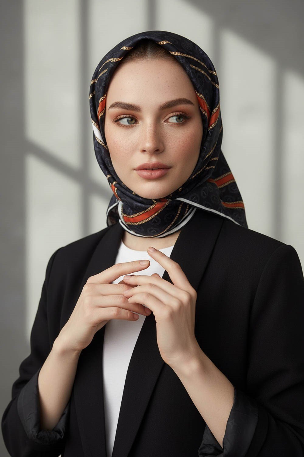 %100 Twill İpek Gold Şeritli Monogram Desenli Siyah - Taba Renkli 90x90 Eşarp Dikim Şekli : El Dikişi