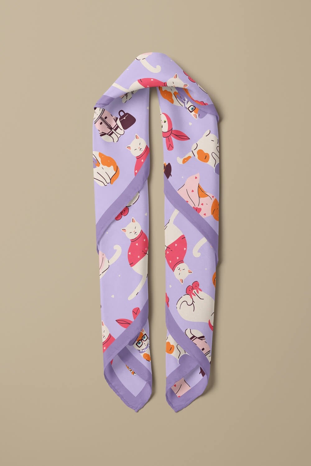 %100 İpek Süslü Kedi Desenli Kadın Bandana