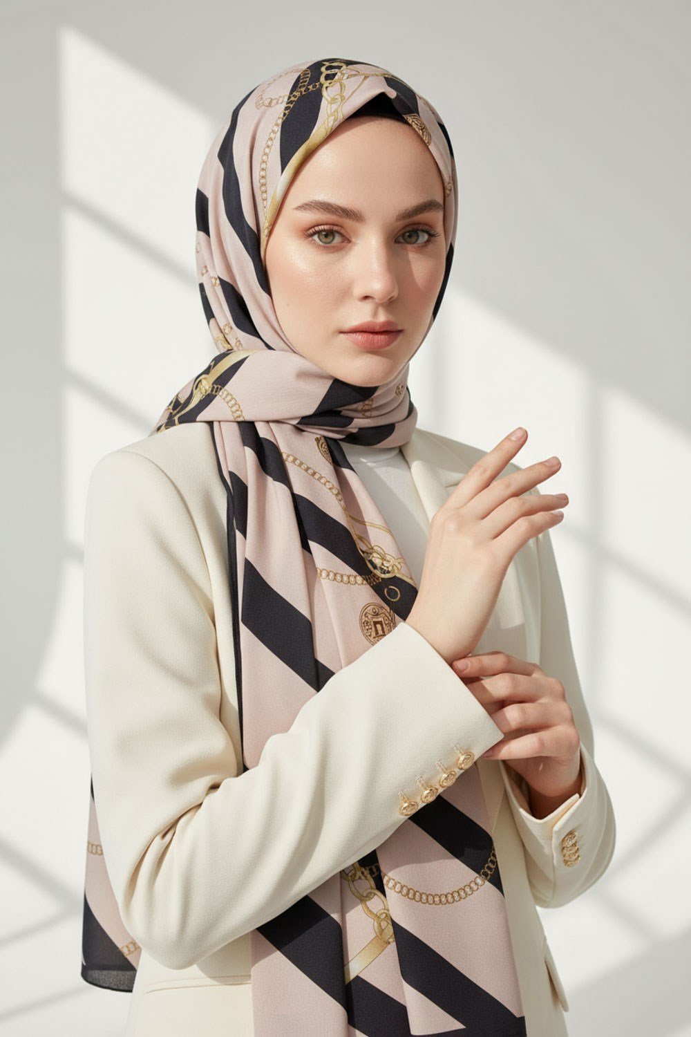 KREP ZİNCİR DESENLİ SİYAH RENKLİ 75X195 KIRIŞMAZ ŞAL