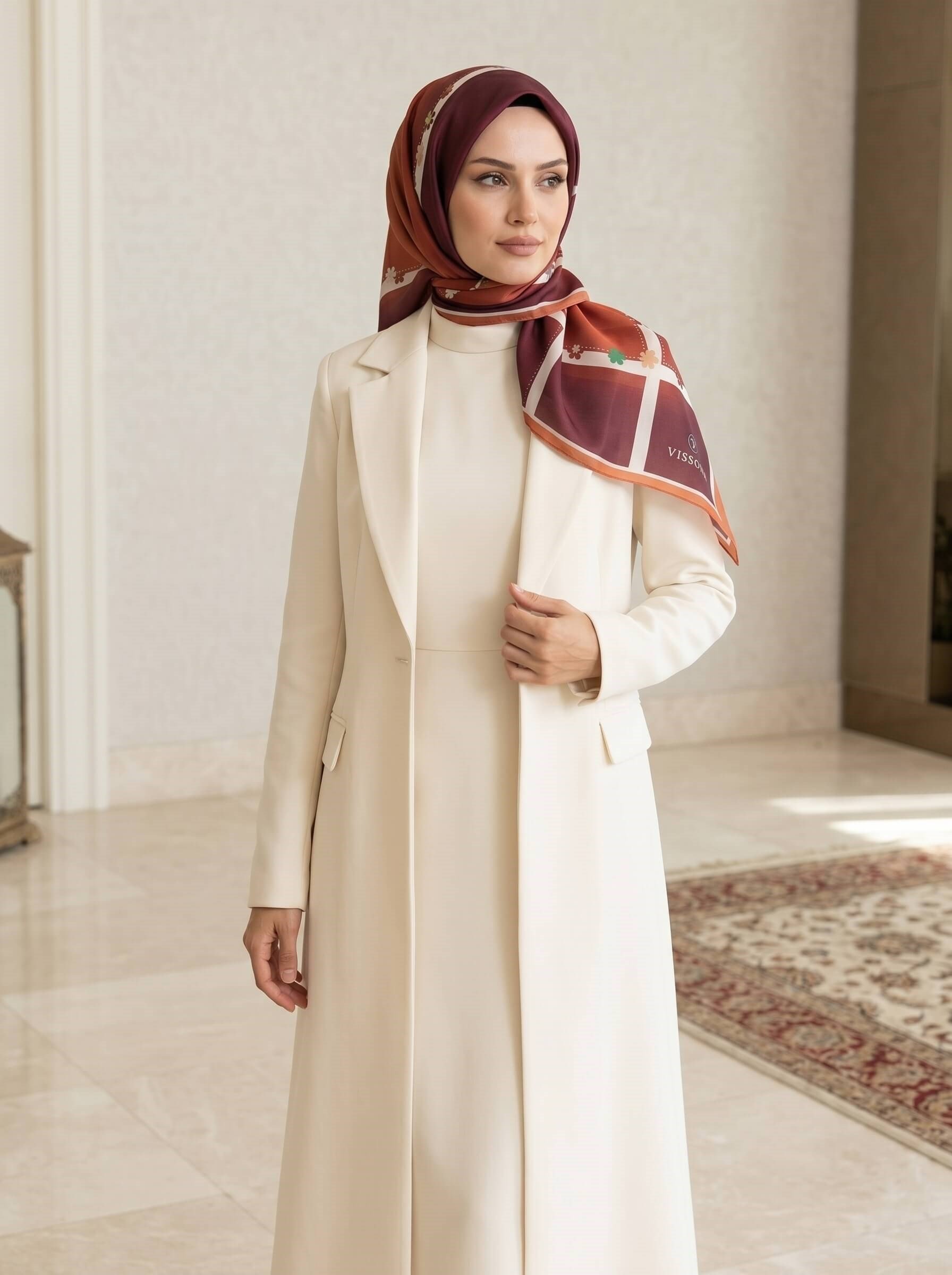 %100 Saf İpek Şal İnce Saten Vual Dokuma Çiçek Desenli Taba Renkli 90x210 Şal
