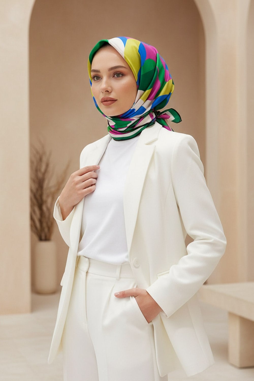 %100 Twill İpek Geometrik Desenli Fuşya - Zümrüt Yeşili Renkli 90x90 Eşarp Dikim Şekli : El Dikişi