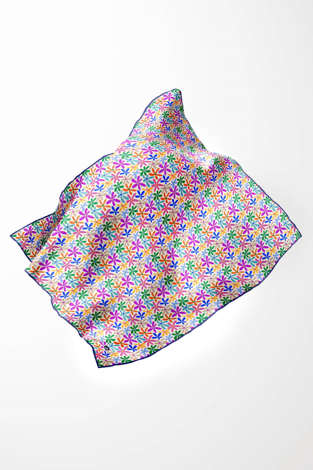 Twill Renkli Çiçek Desenli Lacivert Renkli 90x90 Eşarp (İpek İçermez) Kenar Dikiş Şekli El Dikişli