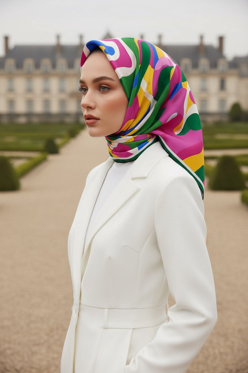 %100 Twill İpek Geometrik Desenli Zümrüt Yeşili - Fuşya Renkli 90x90 Eşarp Dikim Şekli : El Dikişi