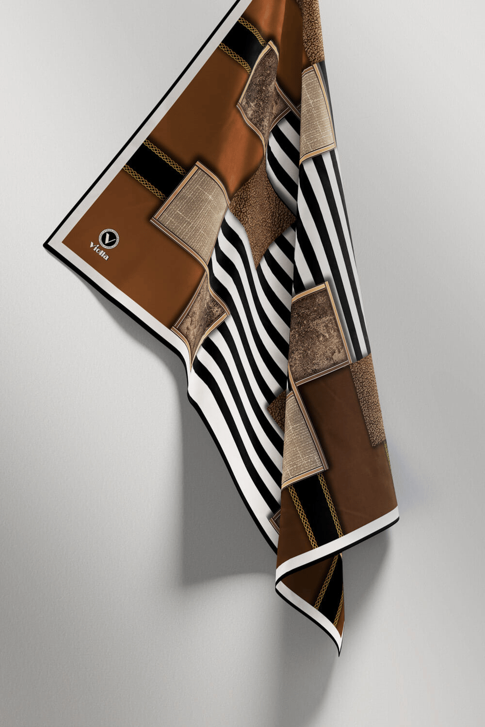 Twill Geometrik Ve Çizgili Desenli Taba Renkli 90x90 Eşarp (İpek İçermez) Dikim Şekli : El Dikişi