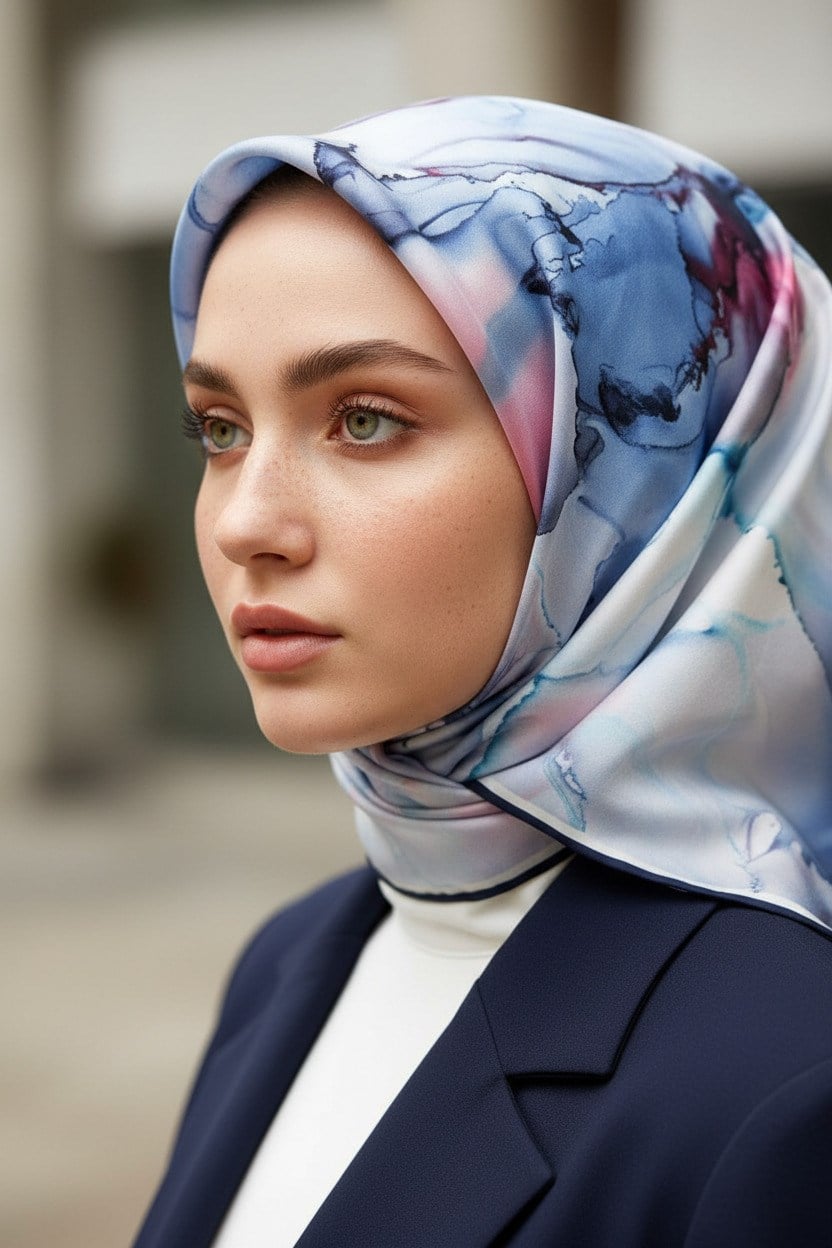 % 57 İPEK % 43 VİSKON Twill İpek Batik Çiçek Desenli Bebe Mavisi - Pudra Renkli 90x90 Eşarp Kenar Dikiş Şekli El Dikişli