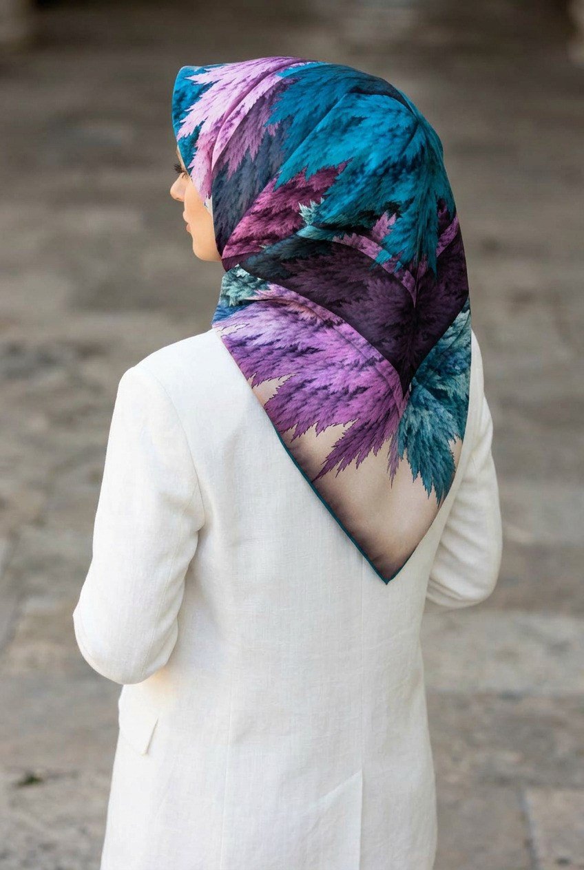 %100 Twill İpek Yaprak Desenli Krem - Turkuaz Renkli 90x90 Eşarp Dikim Şekli : El Dikişi