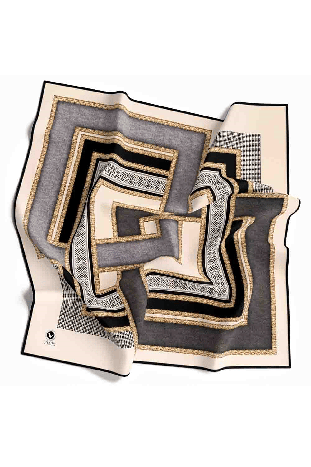 Twill Geometrik Desenli Gri Renkli 90x90 Eşarp (İpek İçermez) Dikim Şekli : El Dikişi