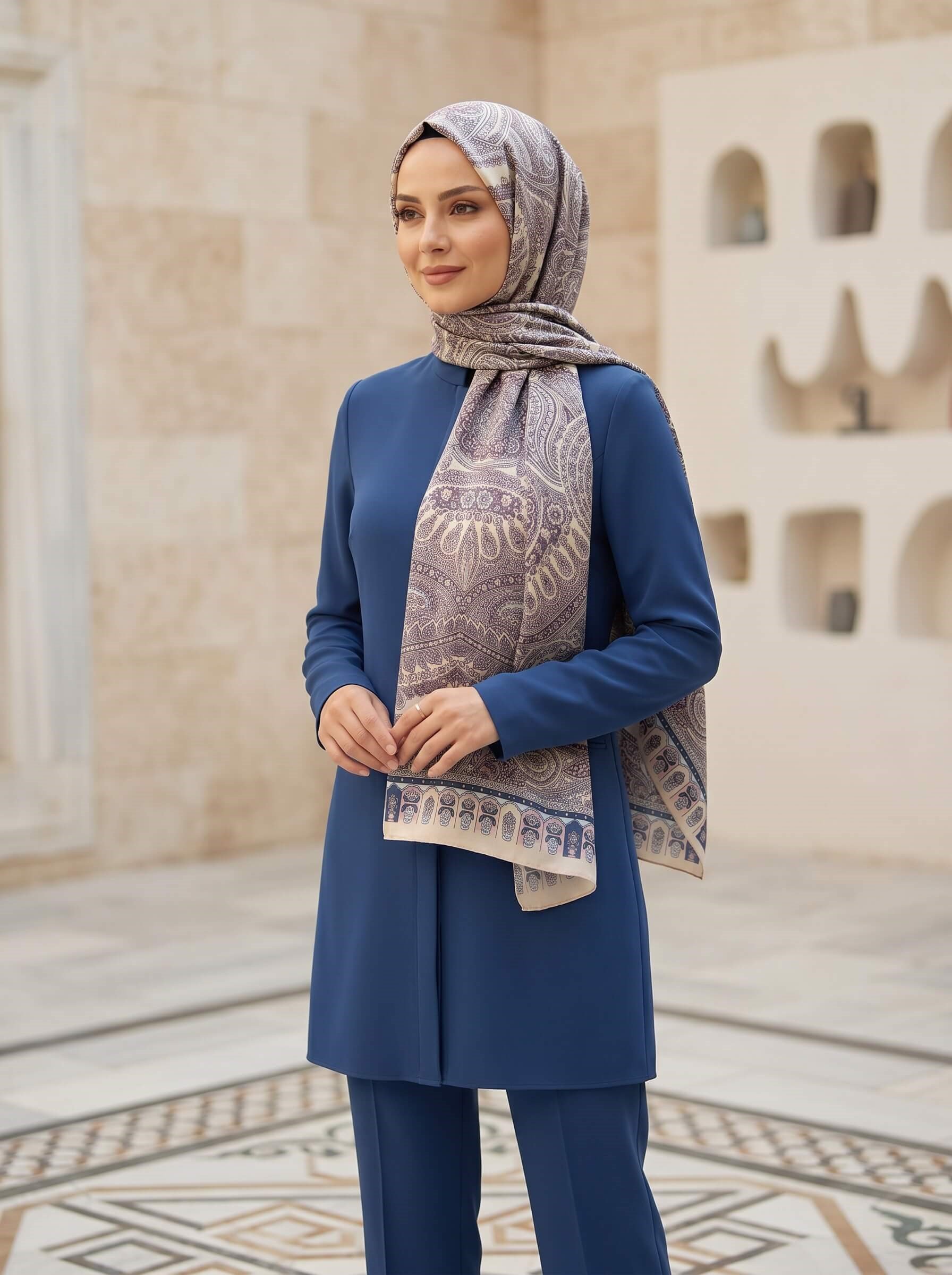 %100 Saf İpek Şal İnce Saten Vual Dokuma Etro Desenli Bej - Mürdüm Renkli 90x210 Şal