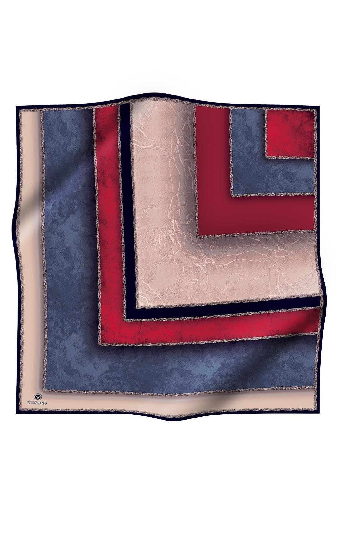 %100 Twill İpek Dokulu Geometrik Desenli Bordo - İndigo Renkli 90x90 Eşarp Dikim Şekli : El Dikişi