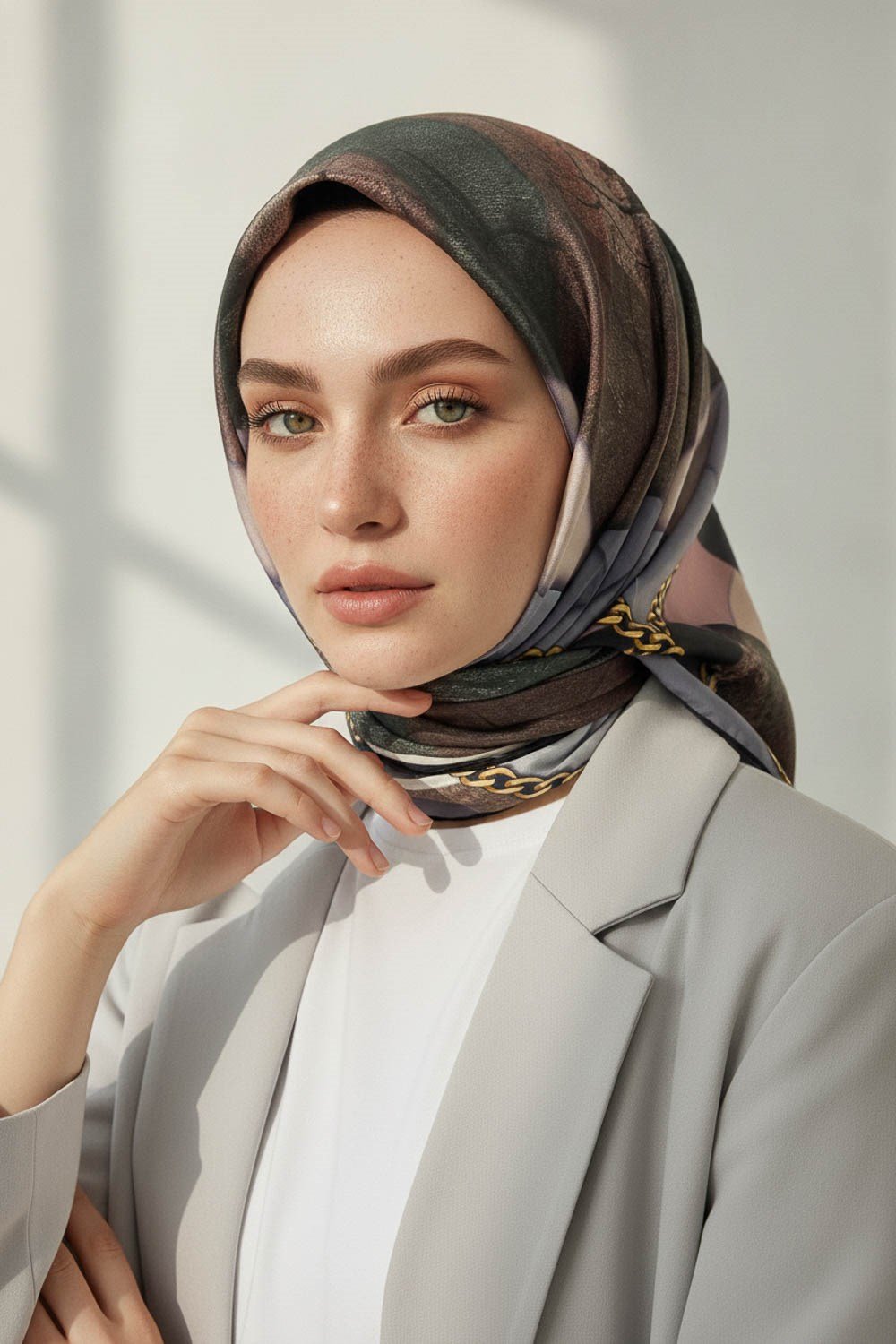 %100 Twill İpek Taş Efekti Desenli Pudra - Gri Renkli 90x90 Eşarp Dikim Şekli : El Dikişi
