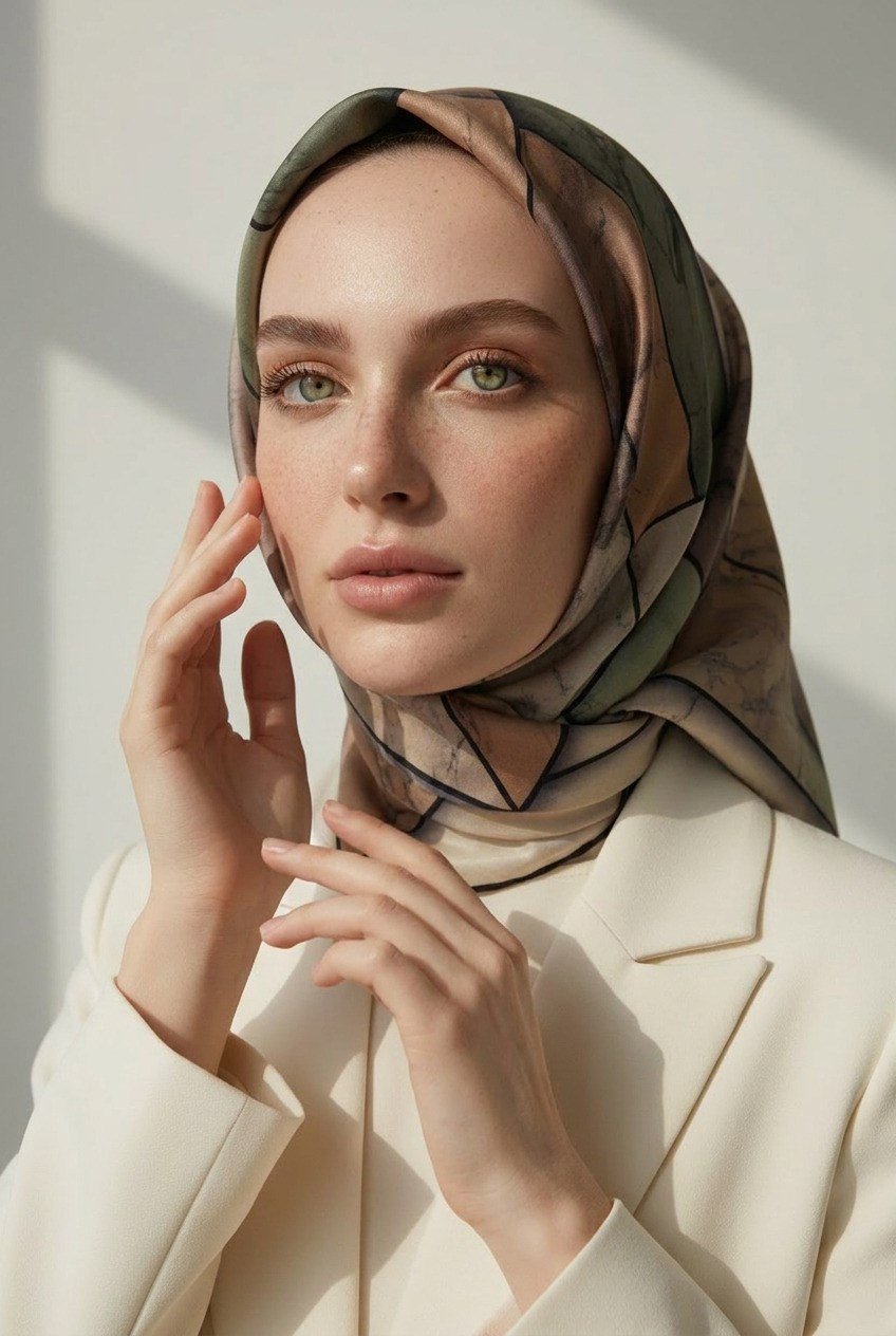 %100 Twill İpek Mermer Desenli Bakır - Haki Renkli 90x90 Eşarp Dikim Şekli : El Dikişi