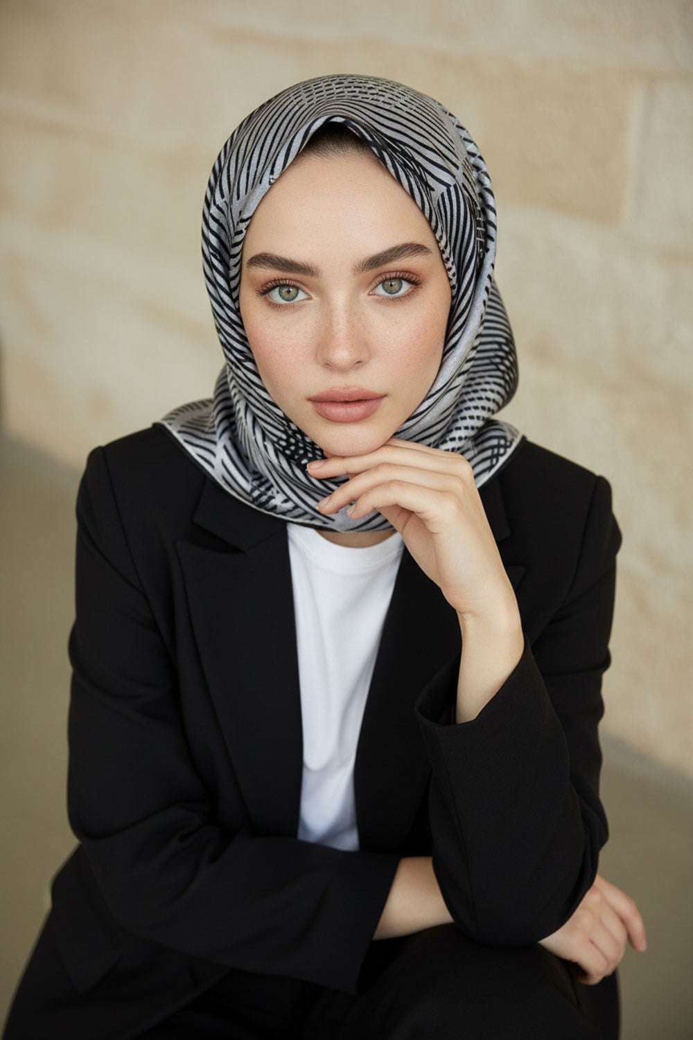 %100 Twill İpek Çizgili Çiçek Desenli Siyah - Gri Renkli 90x90 Eşarp Dikim Şekli : El Dikişi