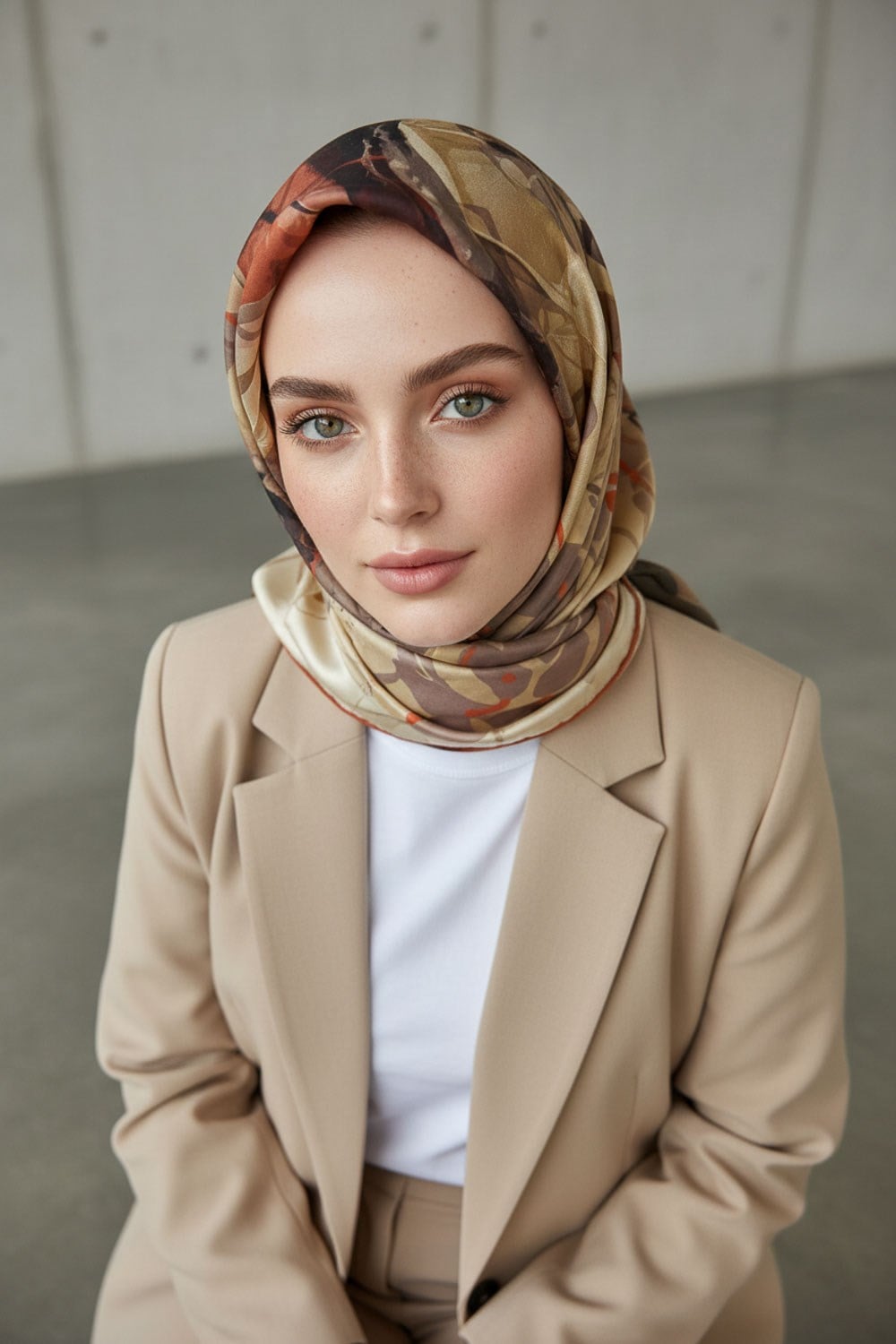 %100 Twill İpek Çiçekli Sulu Boya Dalga Desenli Bej - Taba Renkli 90x90 Eşarp Dikim Şekli : El Dikişi