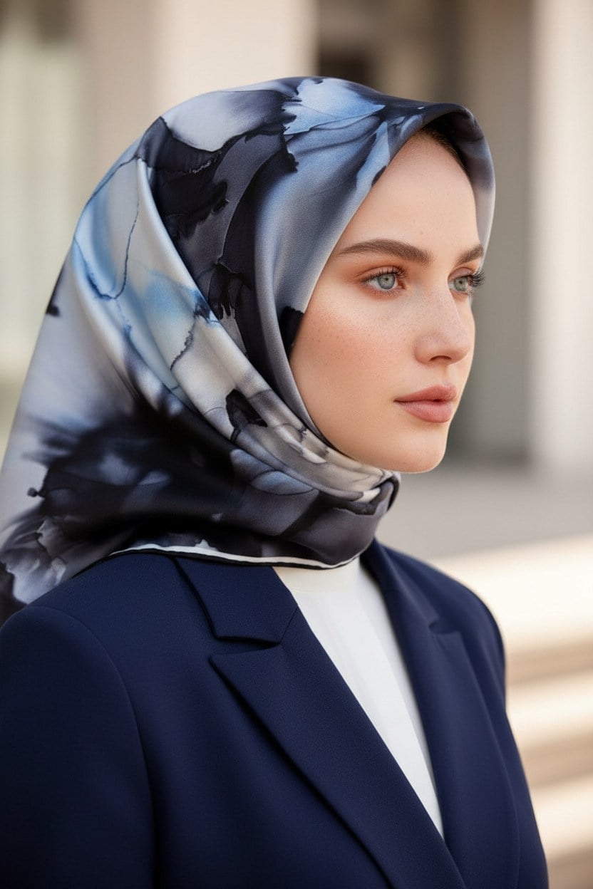 % 57 İPEK % 43 VİSKON Twill İpek Batik Çiçek Desenli Gri - İndigo Renkli 90x90 Eşarp Kenar Dikiş Şekli El Dikişli