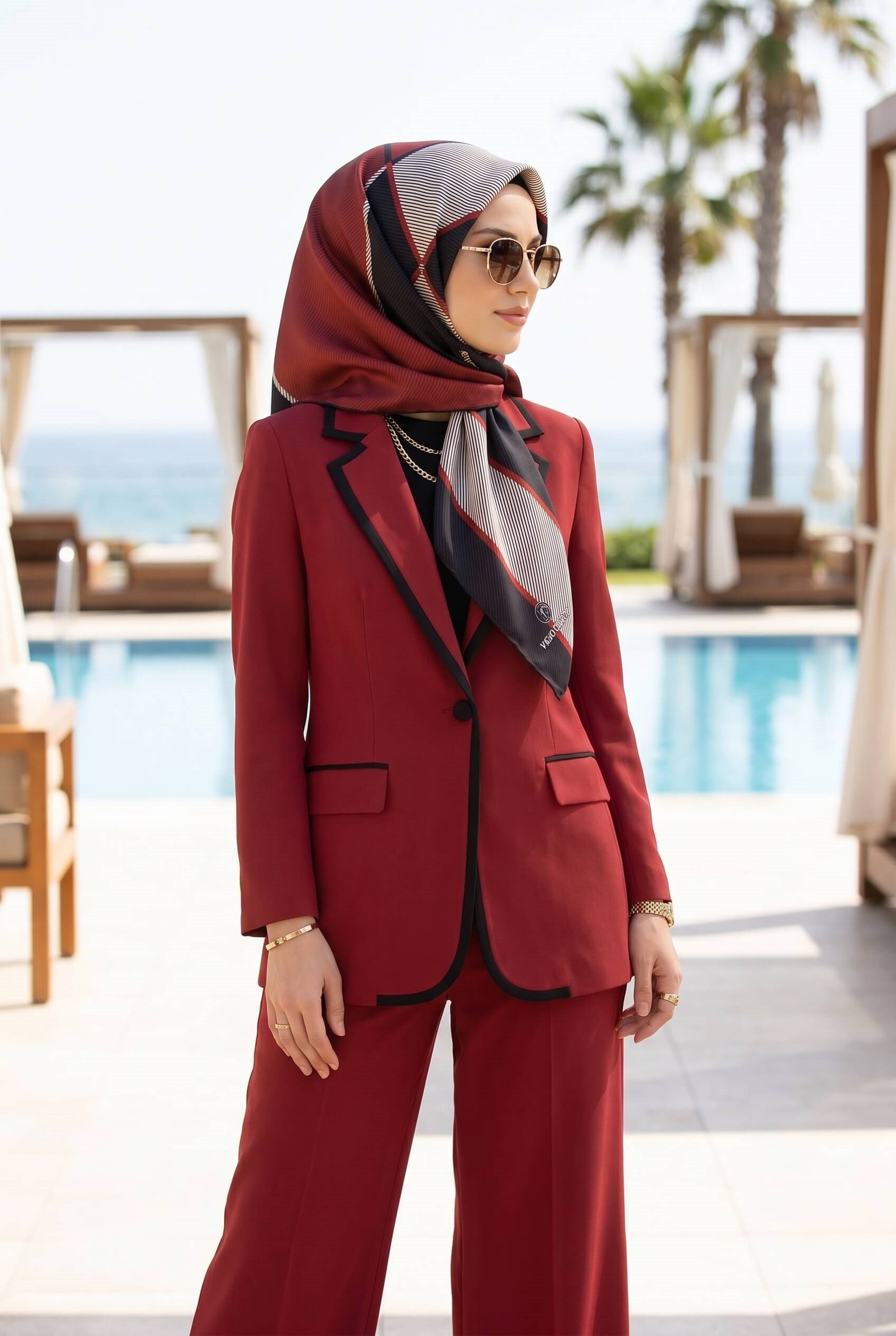 %100 Twill İpek Geometrik Desenli Bordo Renkli 90x90 Eşarp Dikim Şekli : El Dikişi