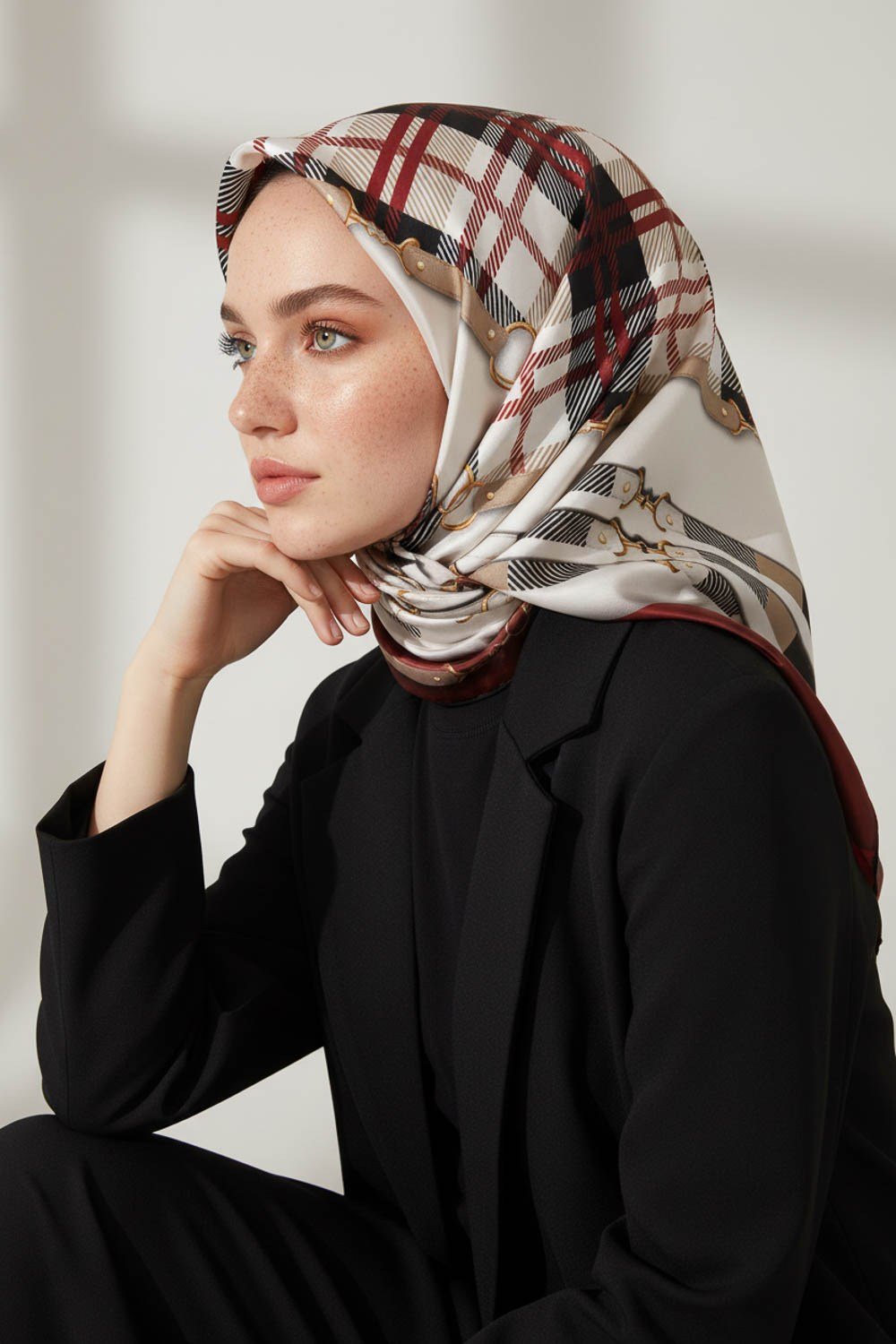 Twill Ekoseli Ve Zincir Desenli Bordo Renkli 90x90 Eşarp (İpek İçermez) Dikim Şekli : El Dikişi