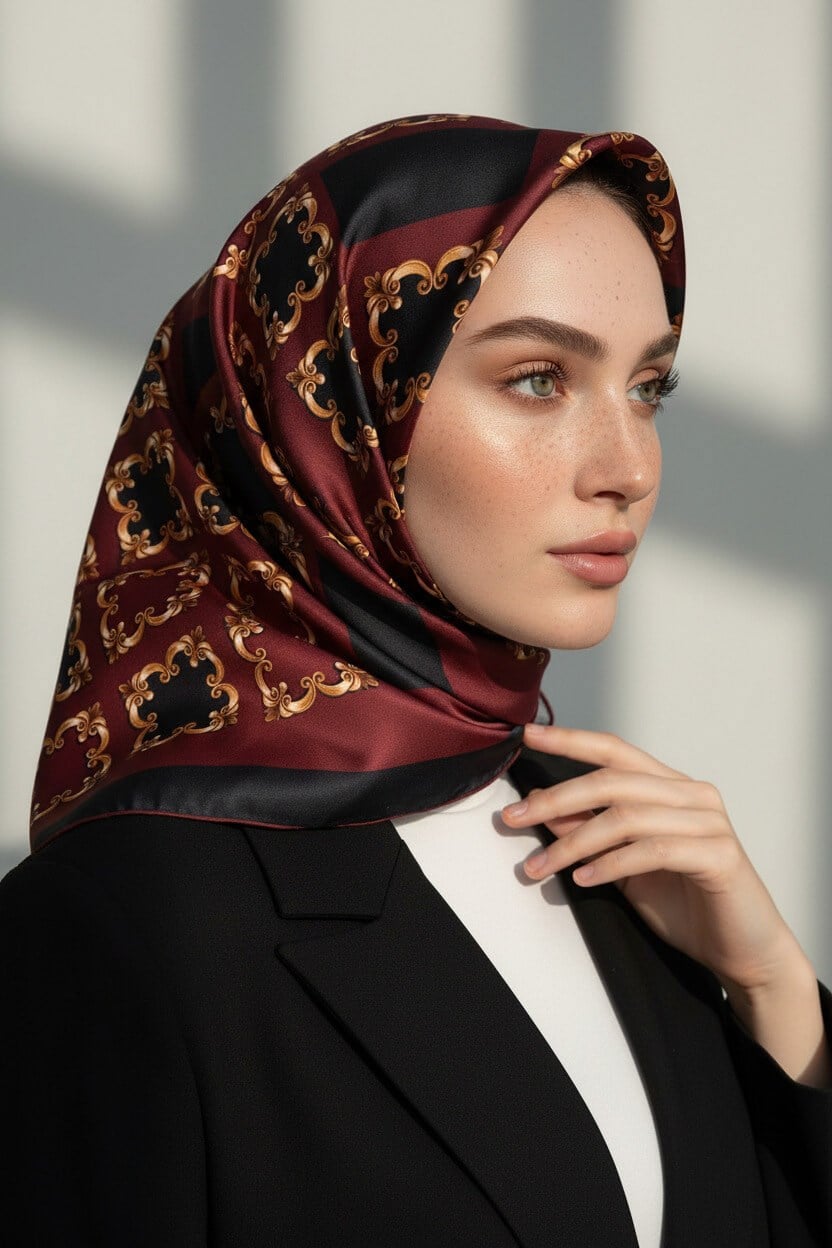 Twill Gold Detaylı Kare Desenli Siyah - Bordo Renkli 90x90 Eşarp (İpek İçermez) Kenar Dikiş Şekli El Dikişli