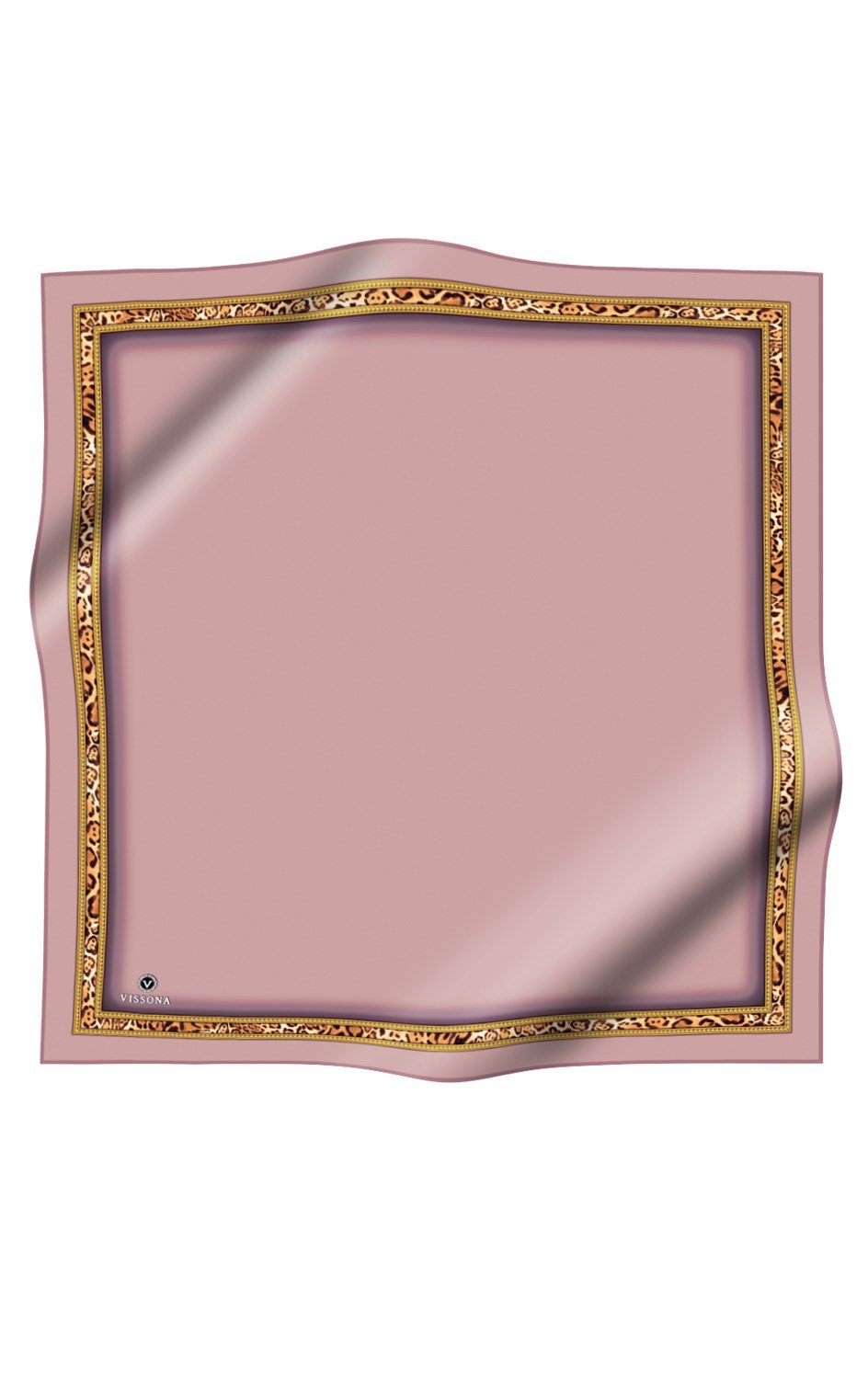 %100 Twill İpek Bordürü Leoparlı Düz Desenli Pudra - Gold Renkli 90x90 Eşarp Dikim Şekli : El Dikişi