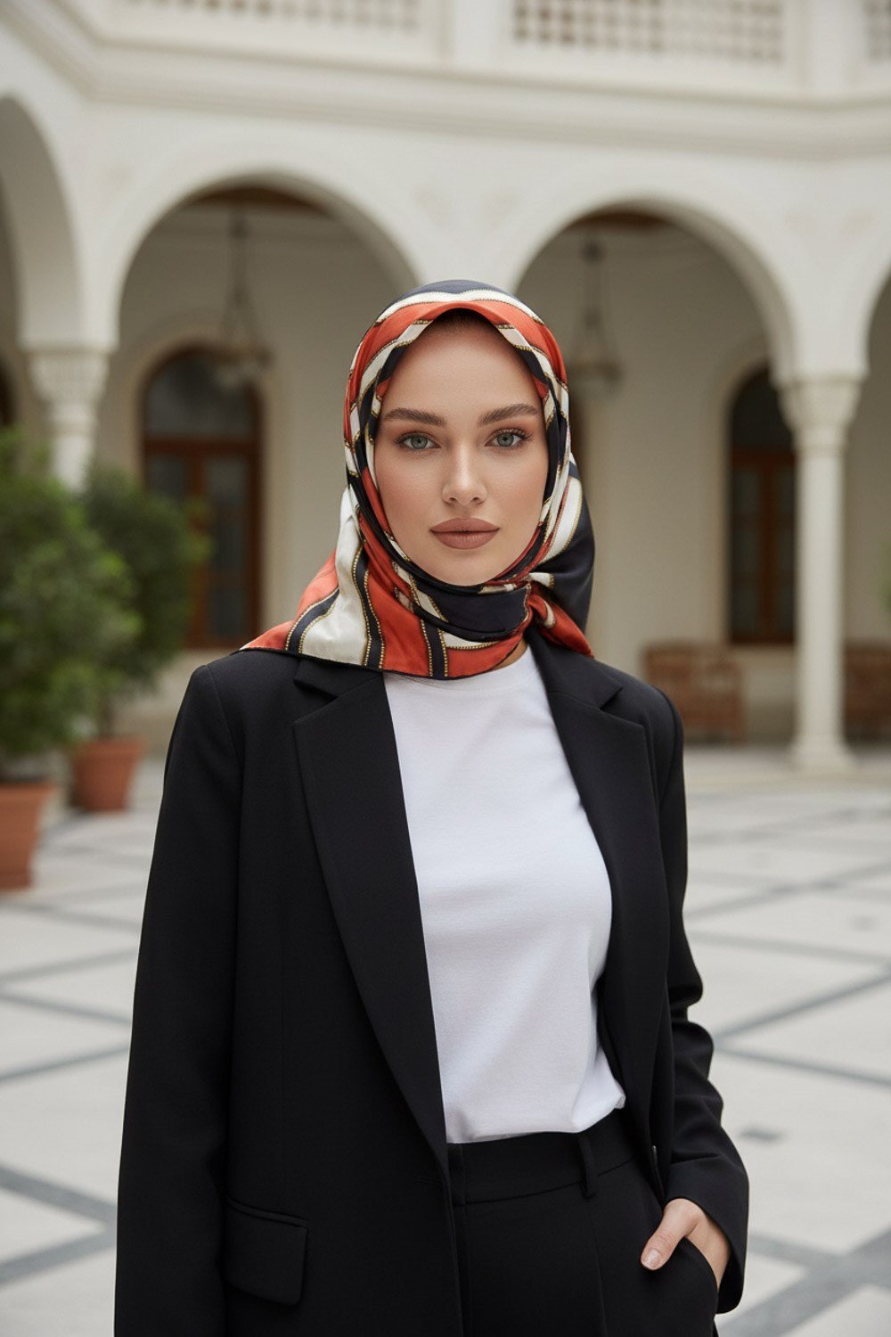 %100 Twill Geometrik Monogram Desenli Siyah - Taba Renkli 90x90 Eşarp Kenar Dikiş Şekli : El Dikişli