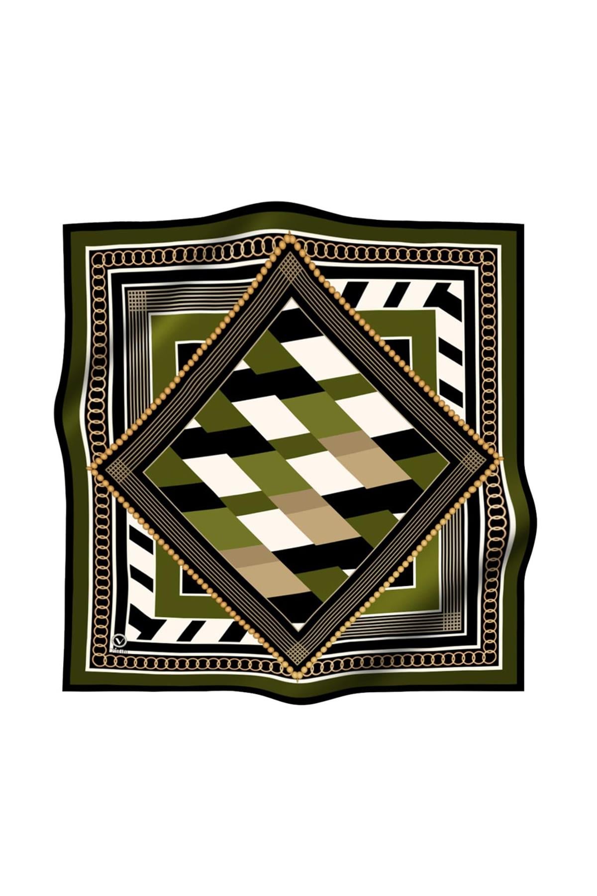 Soft Geometrik Desenli Haki Renkli 90x90 Eşarp (İpek İçermez) Kenar Dikiş Şekli El Dikişli