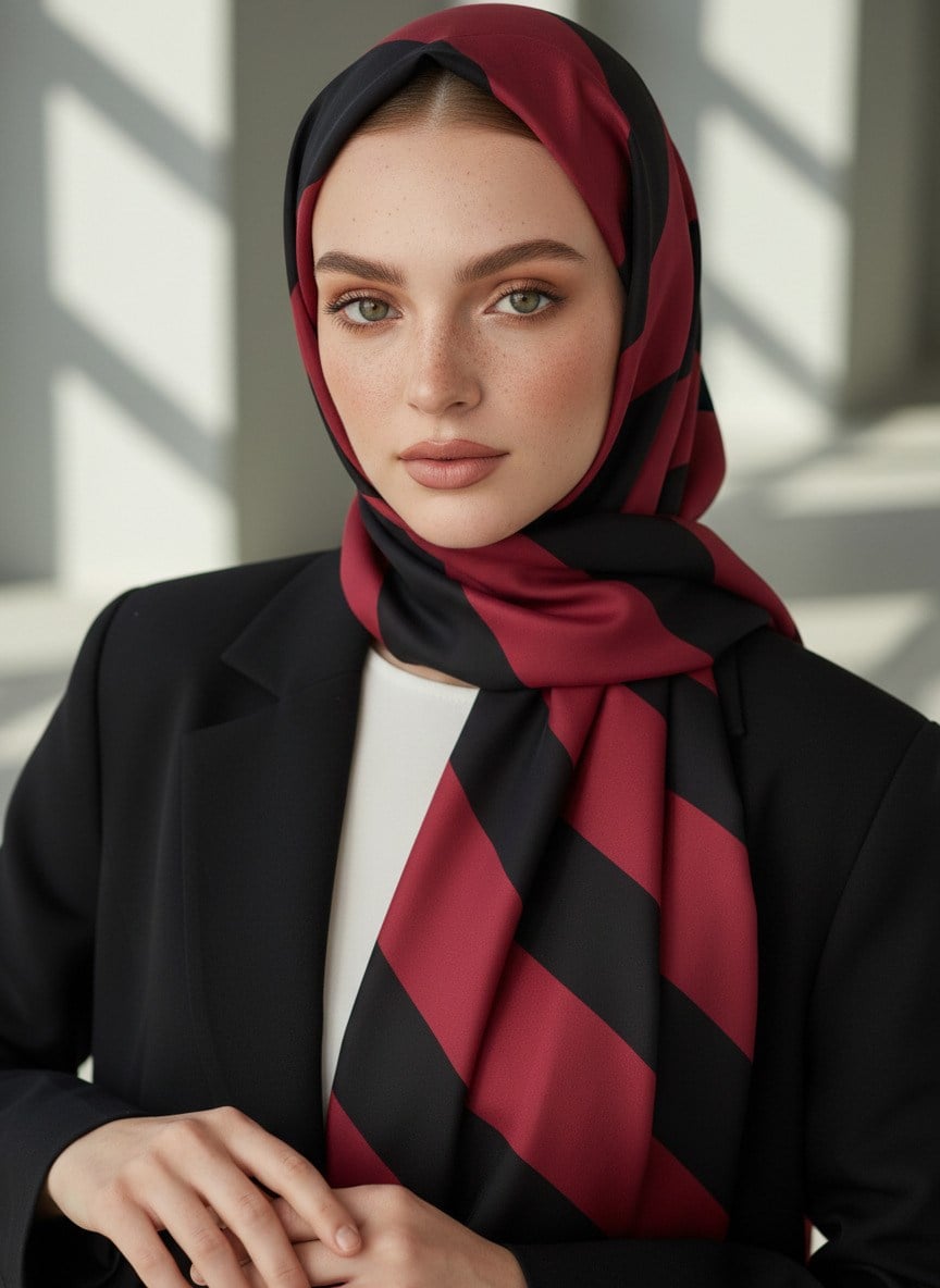 %100 Saf İpek Şal İnce Saten Vual Dokuma Çizgili Desenli Bordo - Siyah Renkli 90x210 Şal
