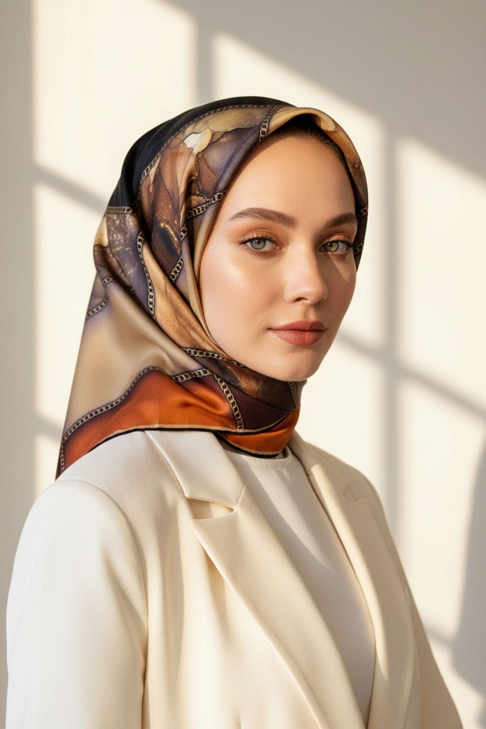 % 57 İPEK % 43 VİSKON Twill İpek Efektli Bant Desenli Taba - Bej Renkli 90x90 Eşarp Dikim Şekli : El Dikişi