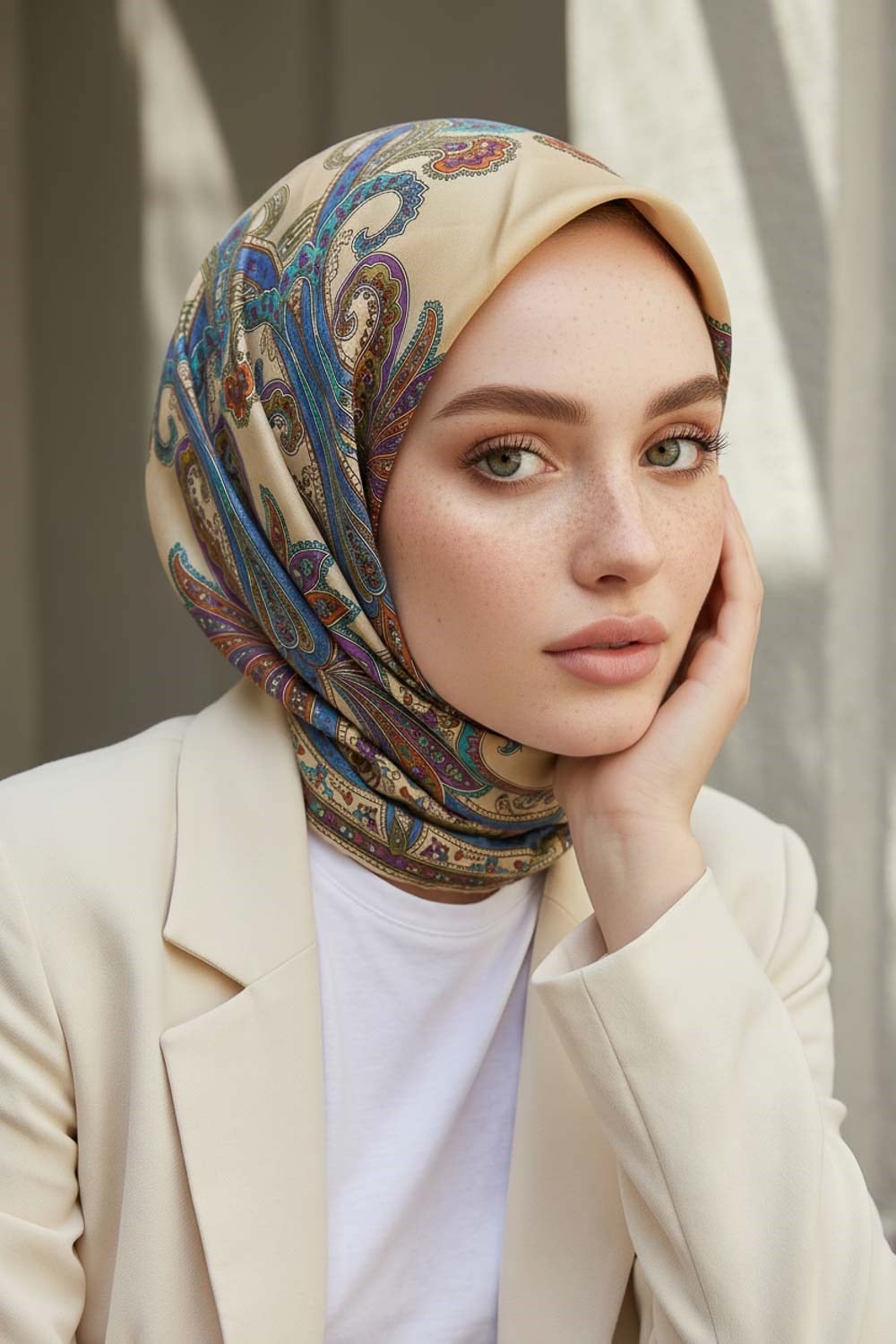 %100 Twill İpek Şal Desenli Bej - Mürdüm Renkli 90x90 Eşarp Dikim Şekli : El Dikişi