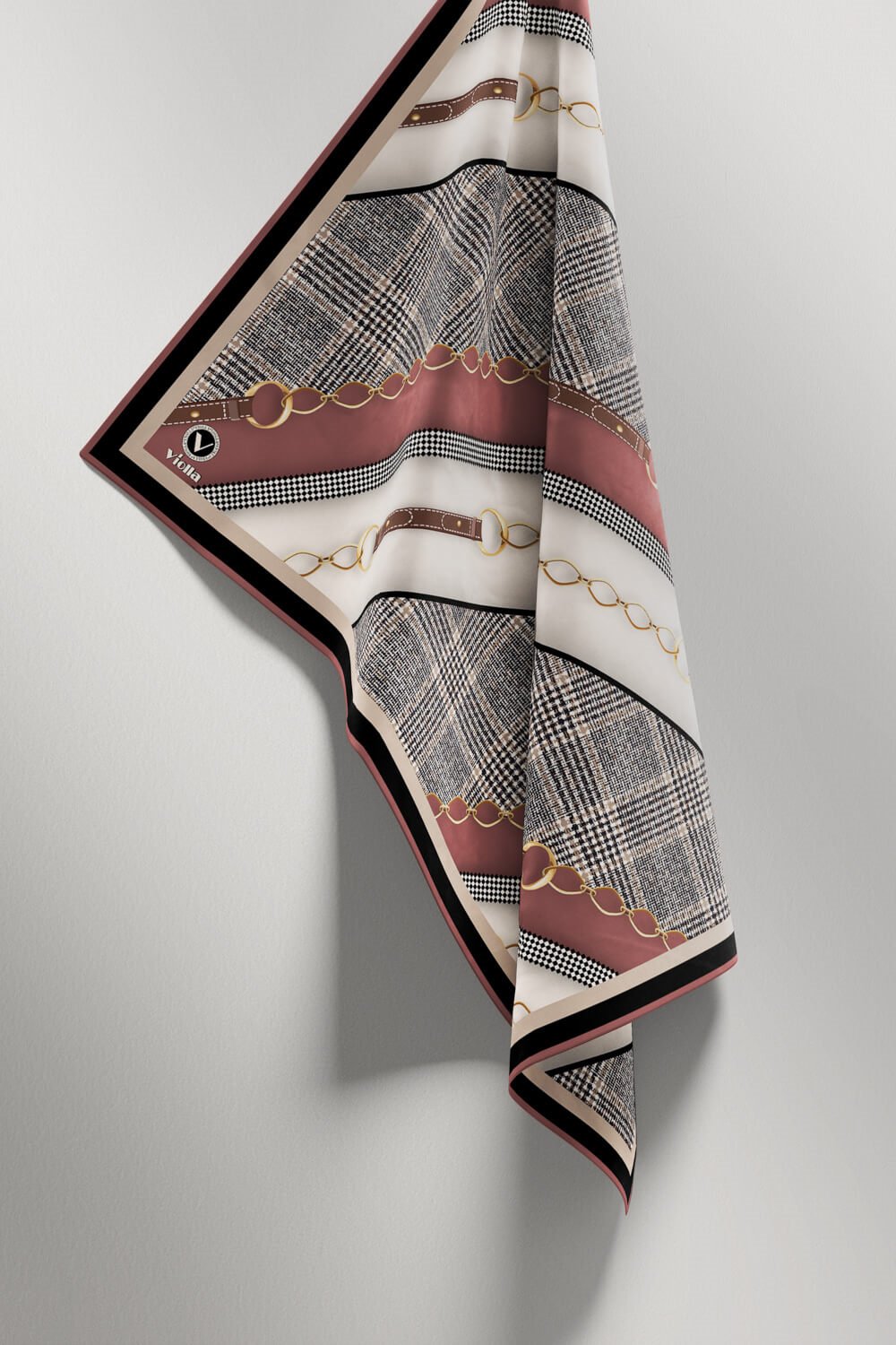 Twill Kemer Desenli Pudra Renkli 90x90 Eşarp (İpek İçermez) Kenar Dikiş Şekli El Dikişli