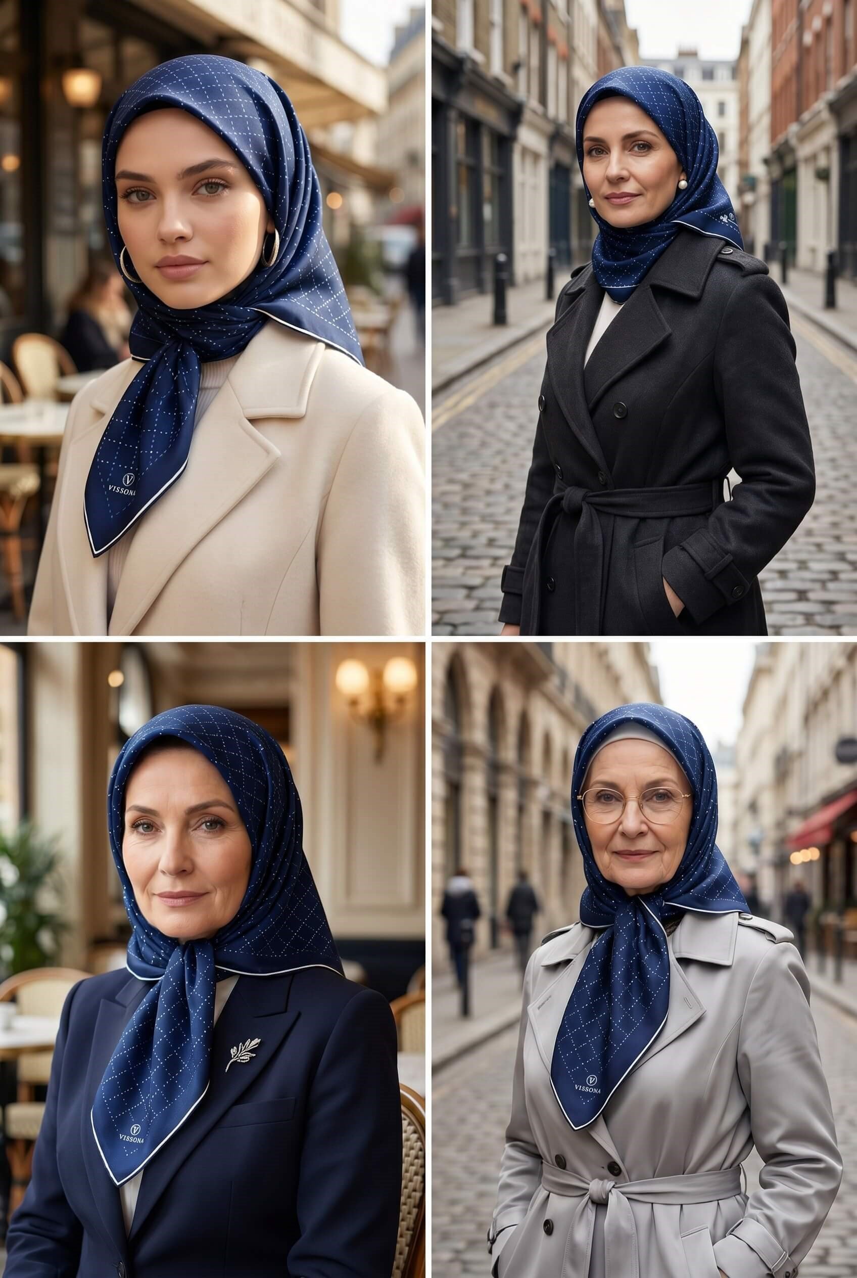 %100 Twill İpek Minik V Desenli Lacivert Renkli 90x90 Eşarp Dikim Şekli : El Dikişi