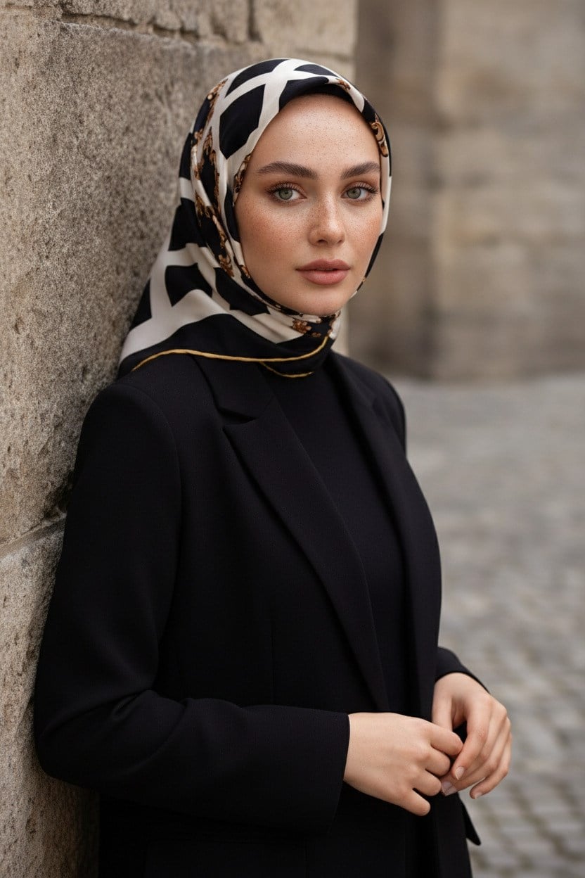 %100 Twill İpek Nostalji  Desen SİYAH / KREM Renkli 90x90 Eşarp Dikim Şekli : El Dikişi