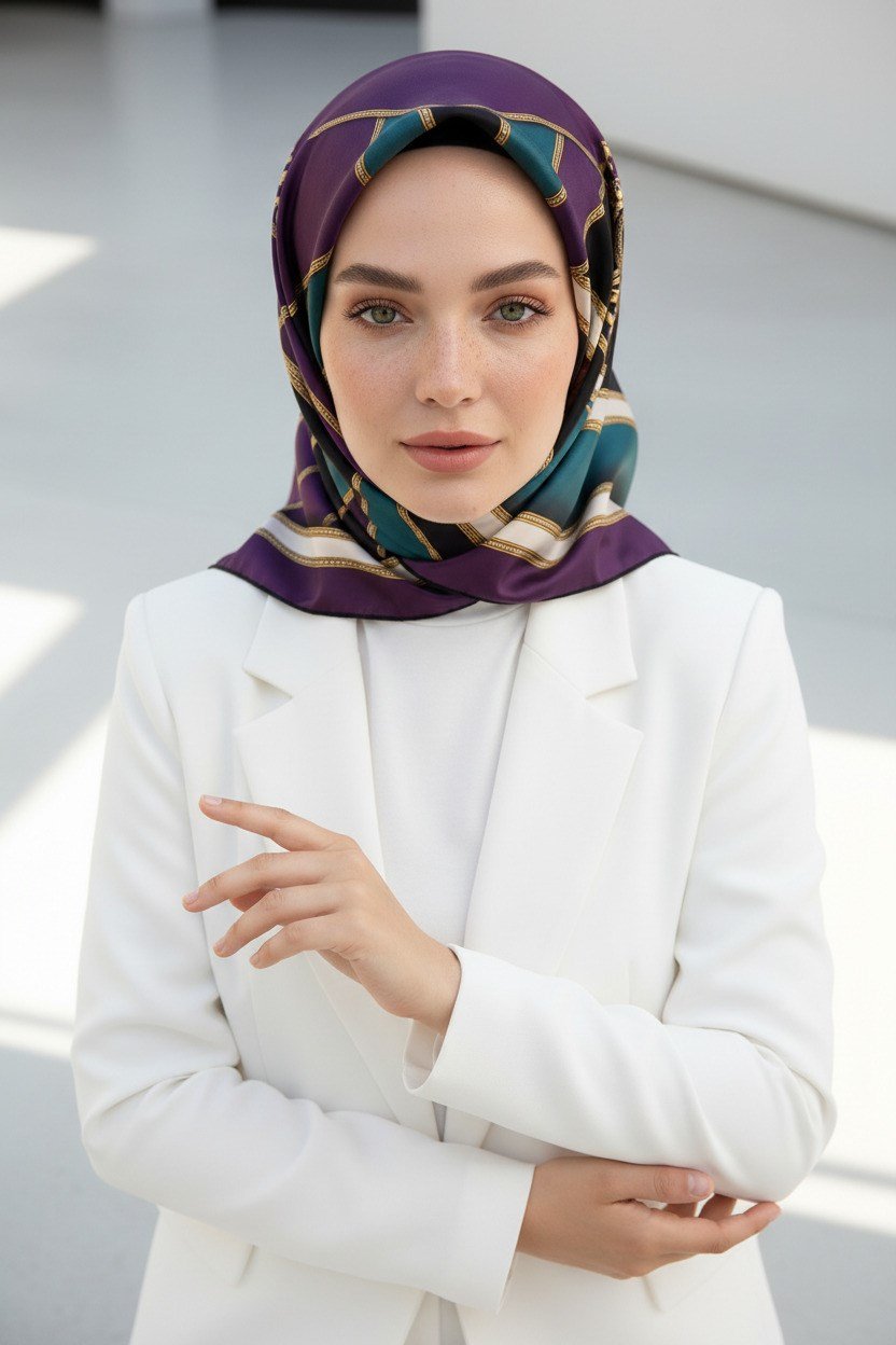 %100 Twill İpek Baroklu Ve Geometrik Desenli Mürdüm - Petrol Yeşili Renkli 90x90 Eşarp Dikim Şekli : El Dikişi