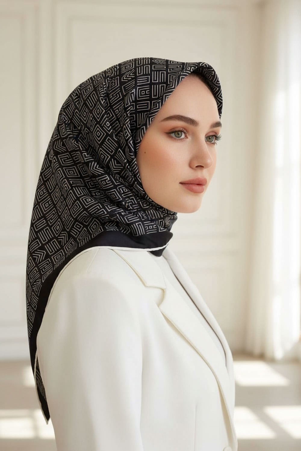 %57 İPEK %43 VİSKON Twill İpek Etnik Motif Desenli Siyah - Krem  Renkli 90x90 Eşarp Dikim Şekli : El Dikişi