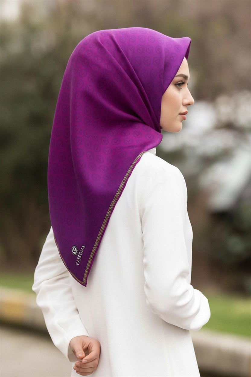 % 57 İPEK % 43 VİSKON Twill İpek Monogram Desenli Mürdüm Renkli 90x90 Eşarp Dikim Şekli : El Dikişi