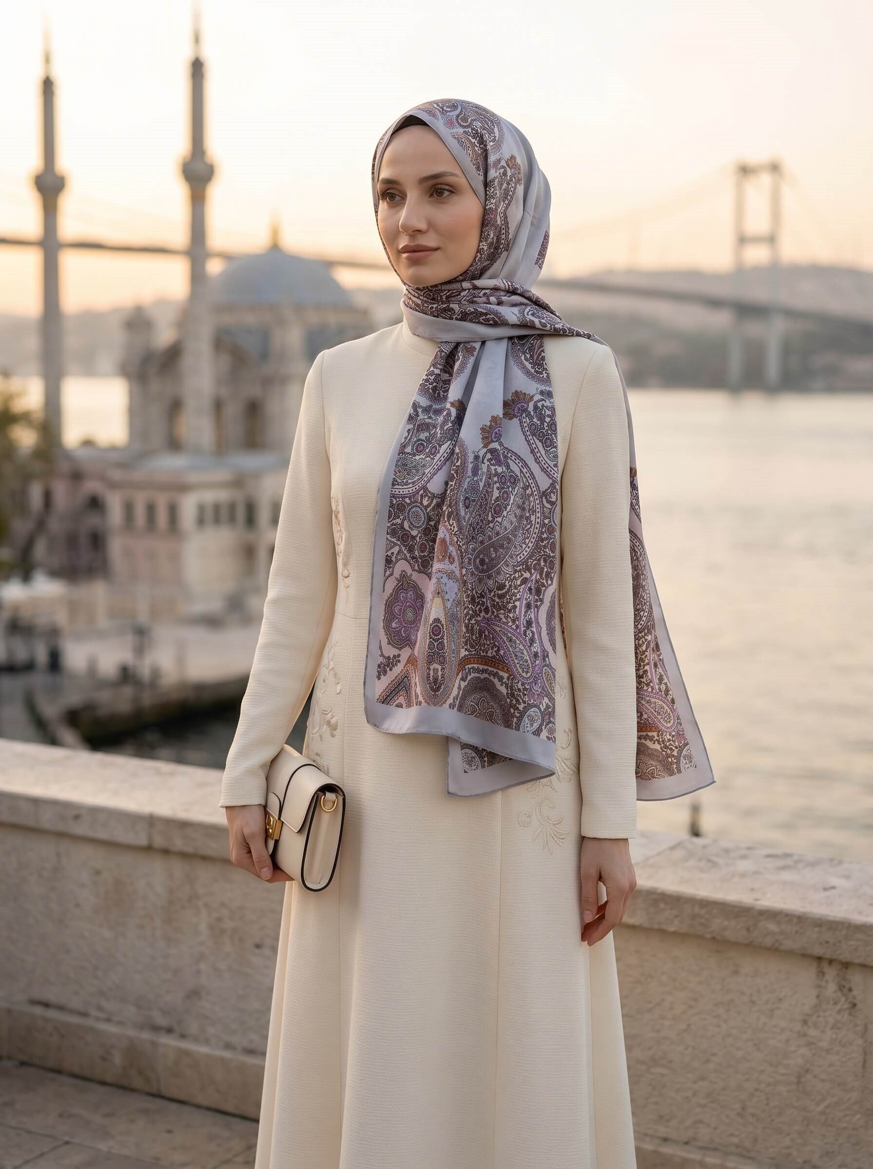 %100 Saf İpek Şal İnce Saten Vual Dokuma Etro Desenli Gri Renkli 90x210 Şal